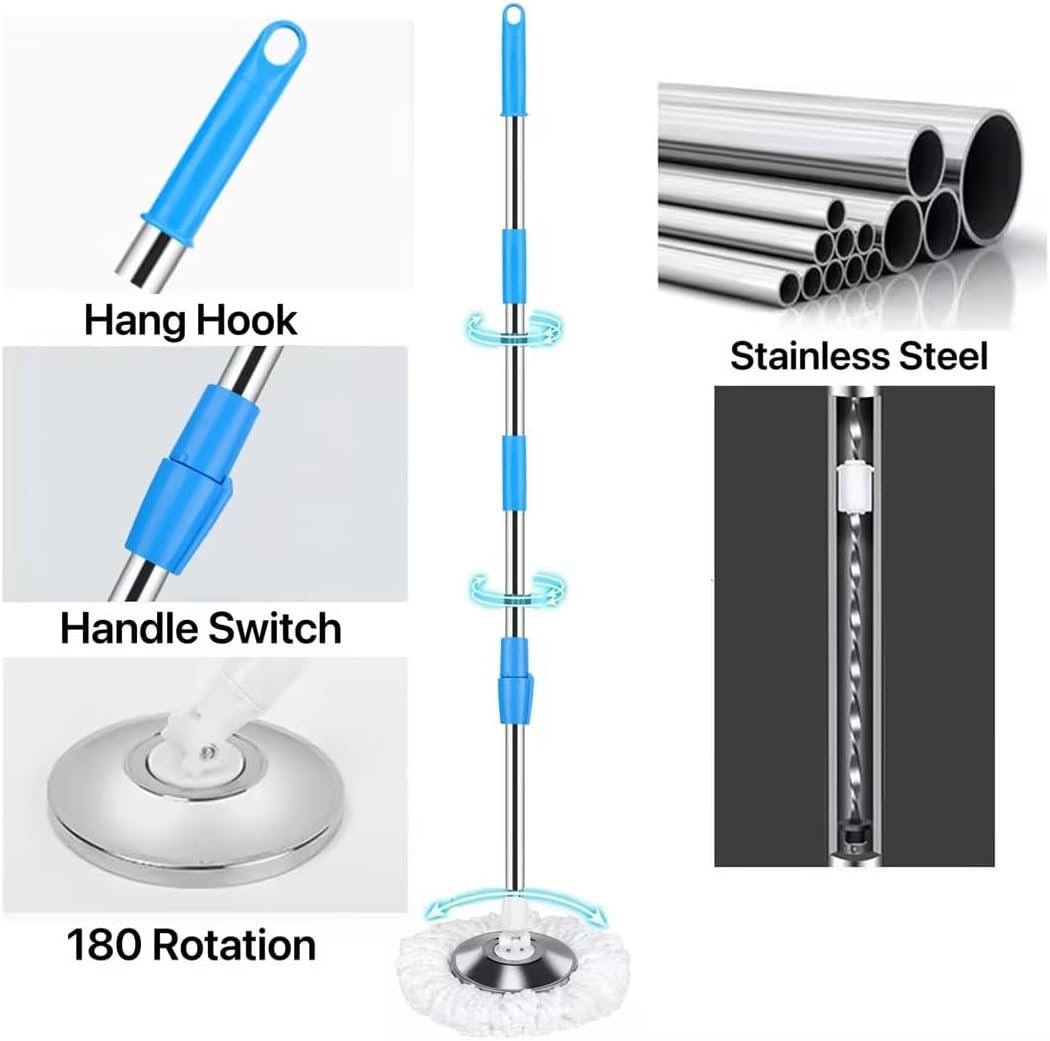 Spin Mop and Bucket with Wringer Set, 360° Mop and Bucket Set for Floor Cleaning, Stainless Steel 61" Adjustable Extended Handle with 3 Microfiber Mop Refills, Blue - Image 7