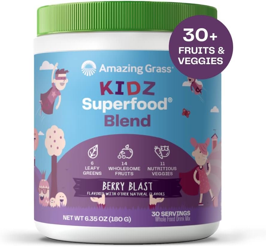 Amazing Grass Kidz Superfood: Organic Greens, Fruits, Veggies, Beet Root Powder & Probiotics for Healthy Kids, Berry Blast, 30 Servings - Image 2