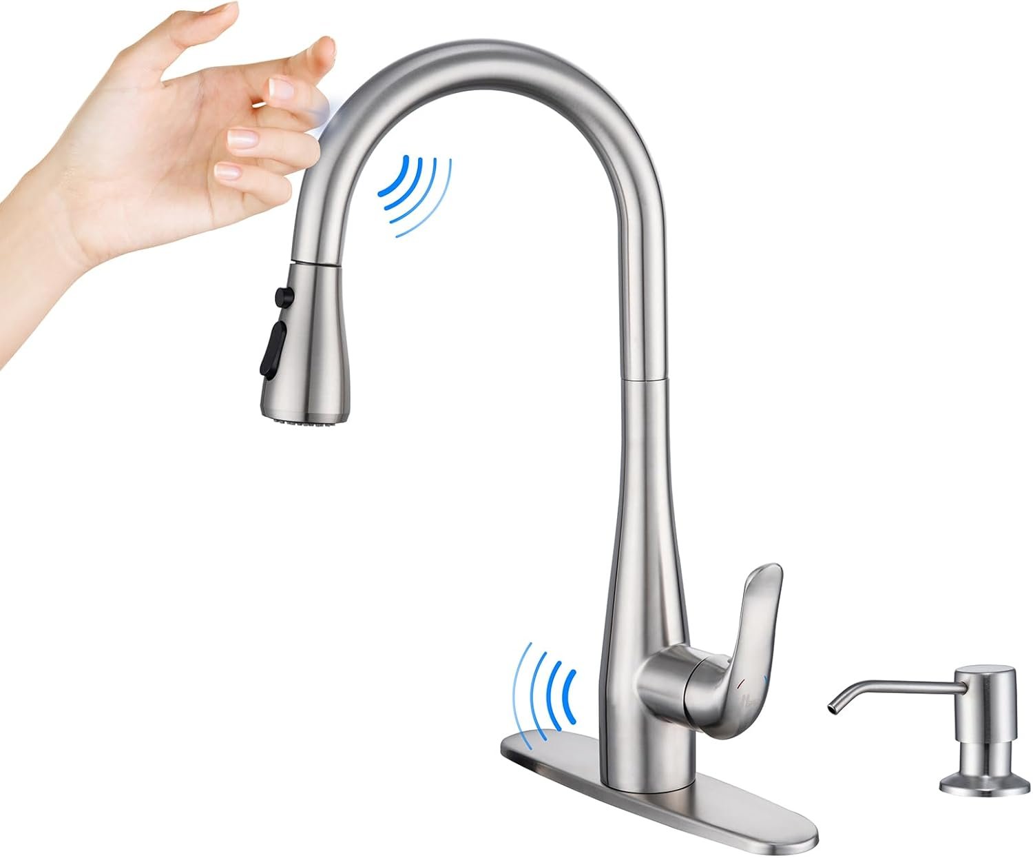 Touch on Kitchen Faucet with Soap Dispenser and Pull Down Sprayer - Single Handle Kitchen Sink Faucet, 1 or 3 Hole Design for Modern Farmhouse Kitchens, Rv, and Bar Sinks(Brushed Nickel) - Image 2