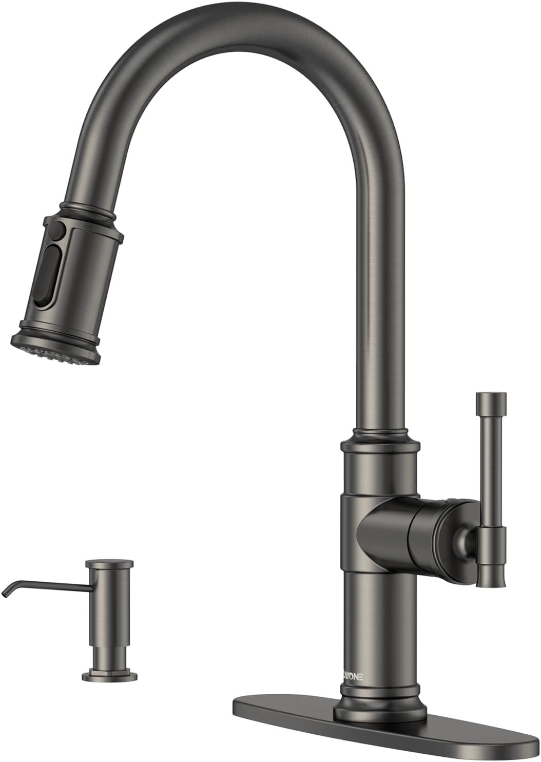 Black Stainless Kitchen Sink Faucet with Pull Down Sprayer, DAYONE Single Handle 1 Hole High Arc Flow 360° Swivel Kitchen Faucets with Soap Dispenser, APS136BS - Image 2