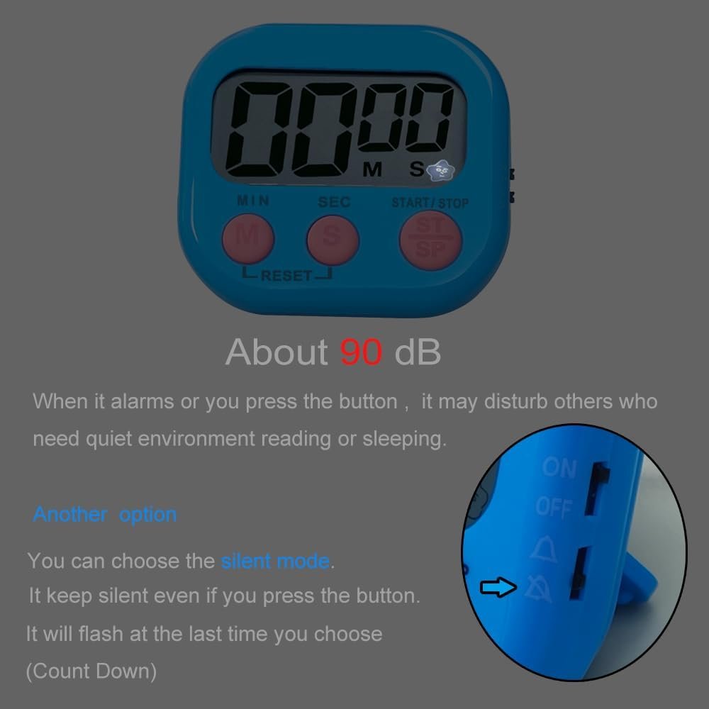 Digital Kitchen Timer, BESTWYA Electronic Timer with Clear LCD Screen Count Up and Down Function 3 Big Buttons On/Off Switch Button (6, 6 Colors (Dual Mode)) - Image 7