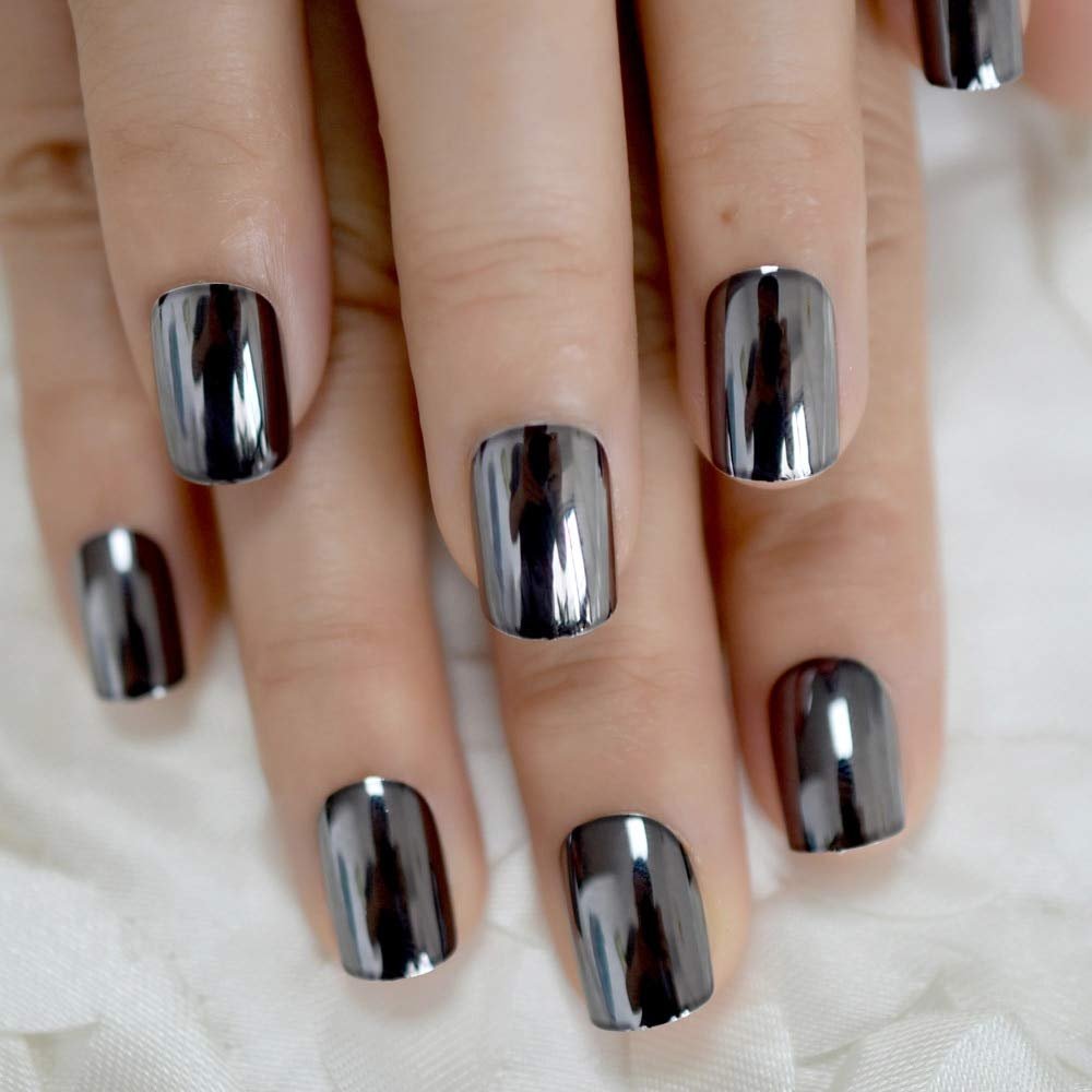 Coolnail Dark Smoky Gray Reflective Mirror Metal Plating False French Acrylic Nail Tips Punk Metallic Square Fake Nails With Glue Sticker - Image 2