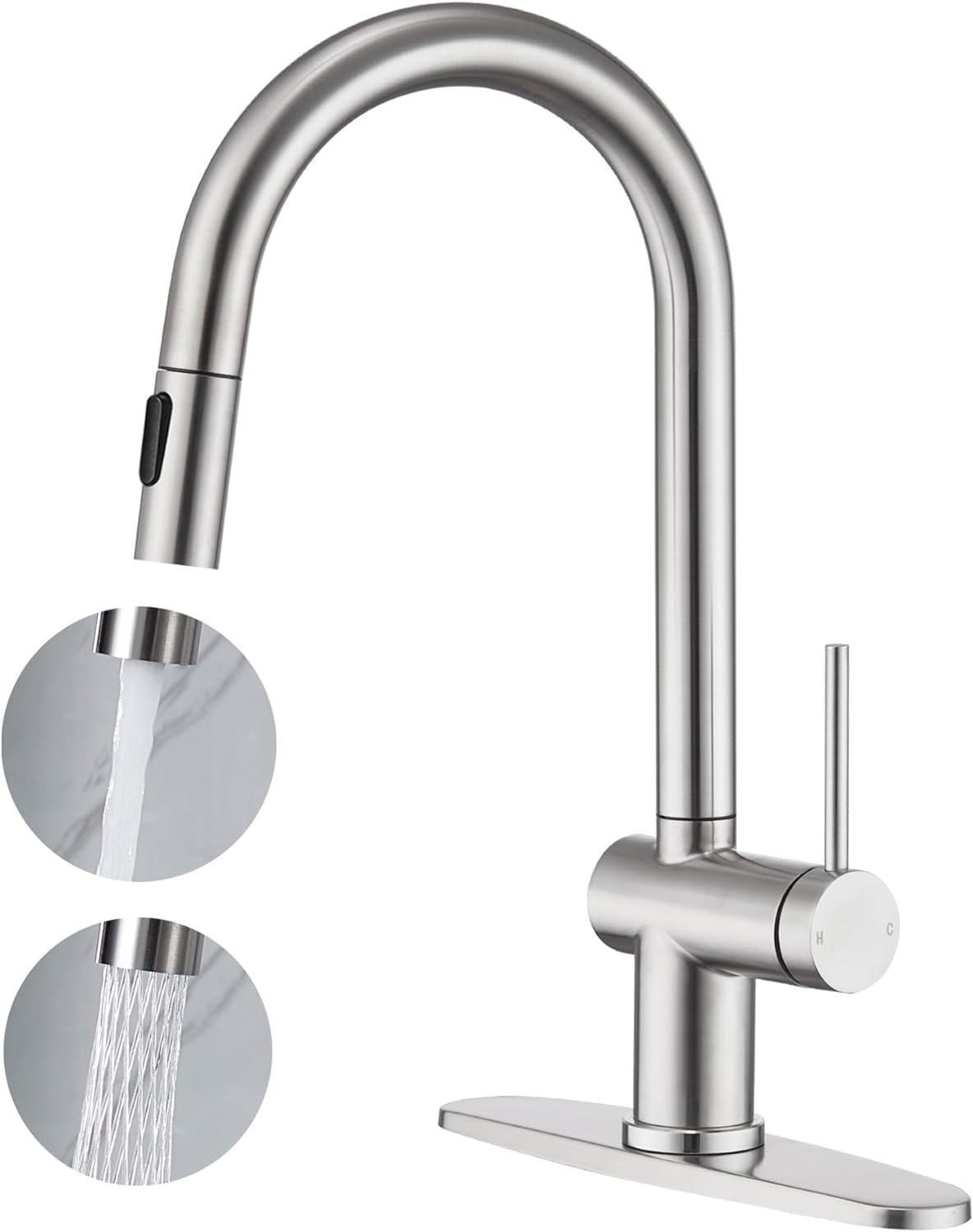 Kitchen Faucet with Pull Down Sprayer, Modern Stainless Steel Single Handle Kitchen Sink Faucet, Single Hole Kitchen Faucet with 10" Deck Plate (Brushed Nickel) - Image 2