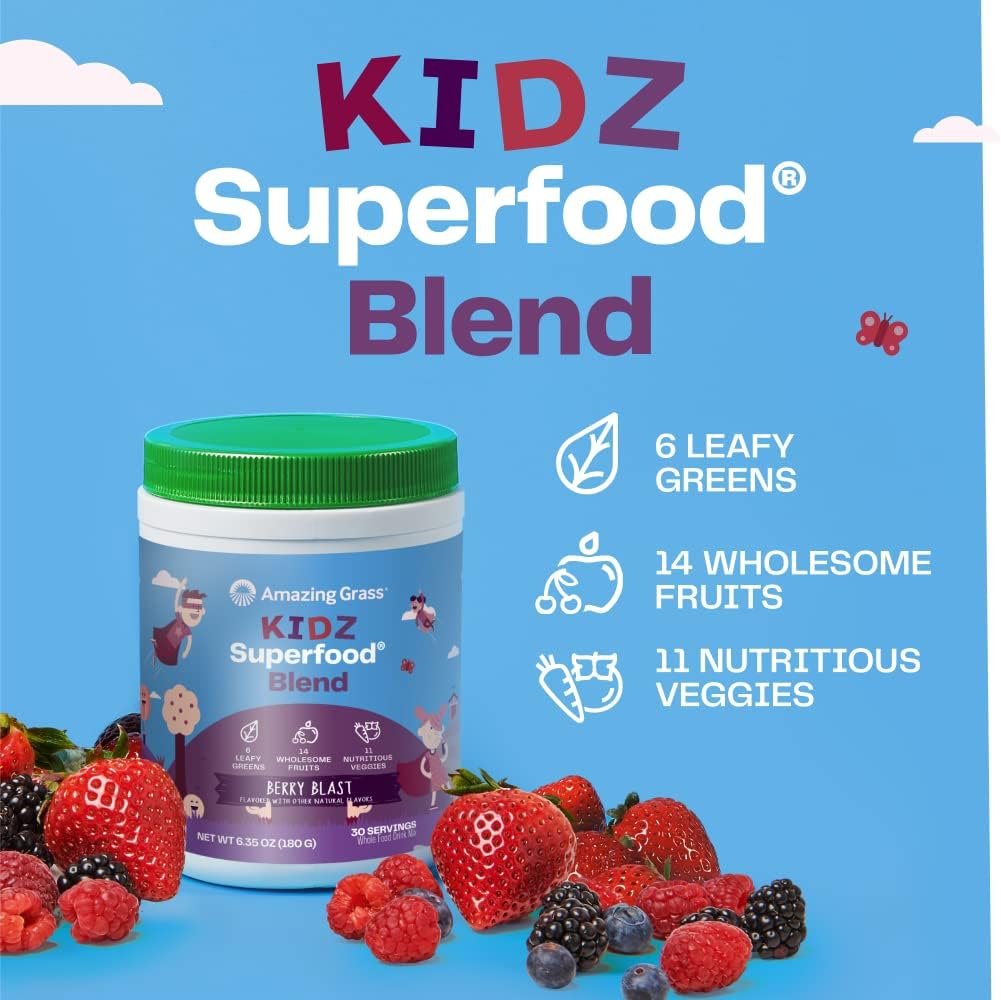 Amazing Grass Kidz Superfood: Organic Greens, Fruits, Veggies, Beet Root Powder & Probiotics for Healthy Kids, Berry Blast, 30 Servings - Image 5