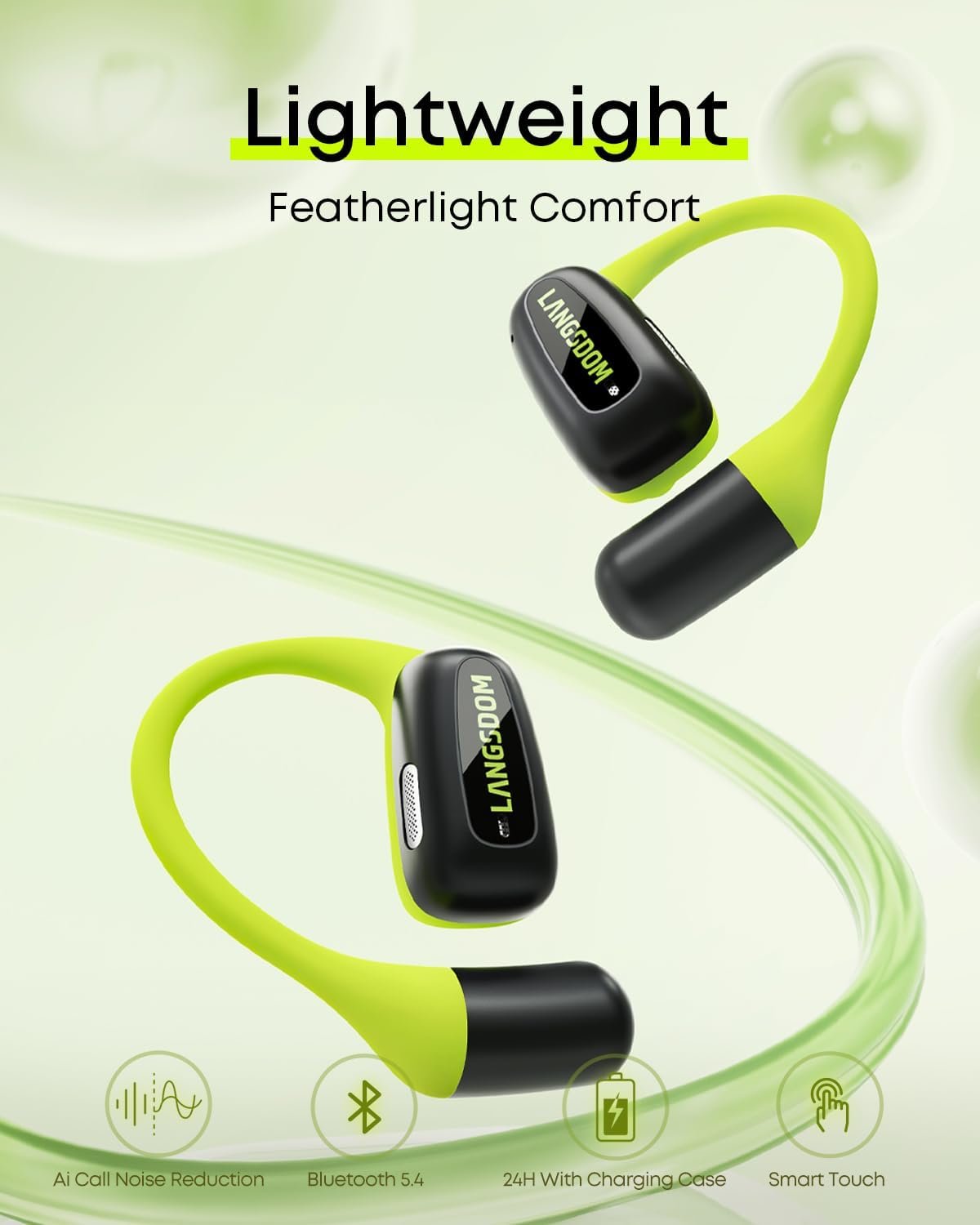 Langsdom Airfit Open Ear True Wireless Earbuds Bluetooth Headphones, Water Resistants, Ultra-Light, Premium Deep Bass with 24Hrs Play time, Ergonomic Design Secure fit for Worksout & Running, Green - Image 3