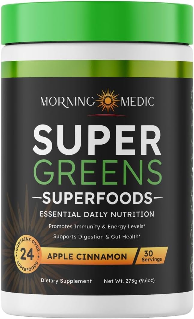 Super Greens Powder with 24+ Superfoods, Premium Nutrient-Dense Blend, Promotes Immunity & Energry Levels, Supports Disgestion & Gut Health, Apple Cinnamon Flavor, 9.6 oz - Image 2