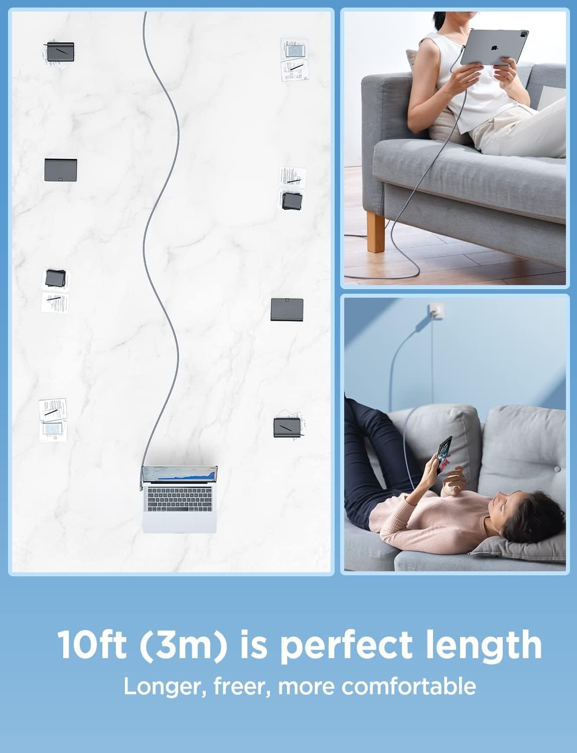 AINOPE 240W USB C to USB C Cable (10ft 1Pack Chubby Cable USB C) USB C to USB C Fast Charging Cable, Right Angle USB C Charger Cable for iPhone16 Charger Cord, MacBook Pro, iPad Pro/Air, Samsung,Grey - Image 6