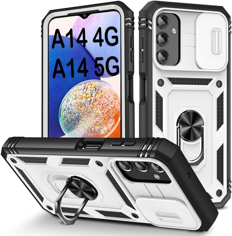 PASNEW for Samsung Galaxy A14 5G Case,Kickstand & Slide Camera Cover,Multi-Layer Heavy Duty Full Body Shockproof Protection Hard Shell for Galaxy A14 4G Case,6.6 inch,White - Image 2