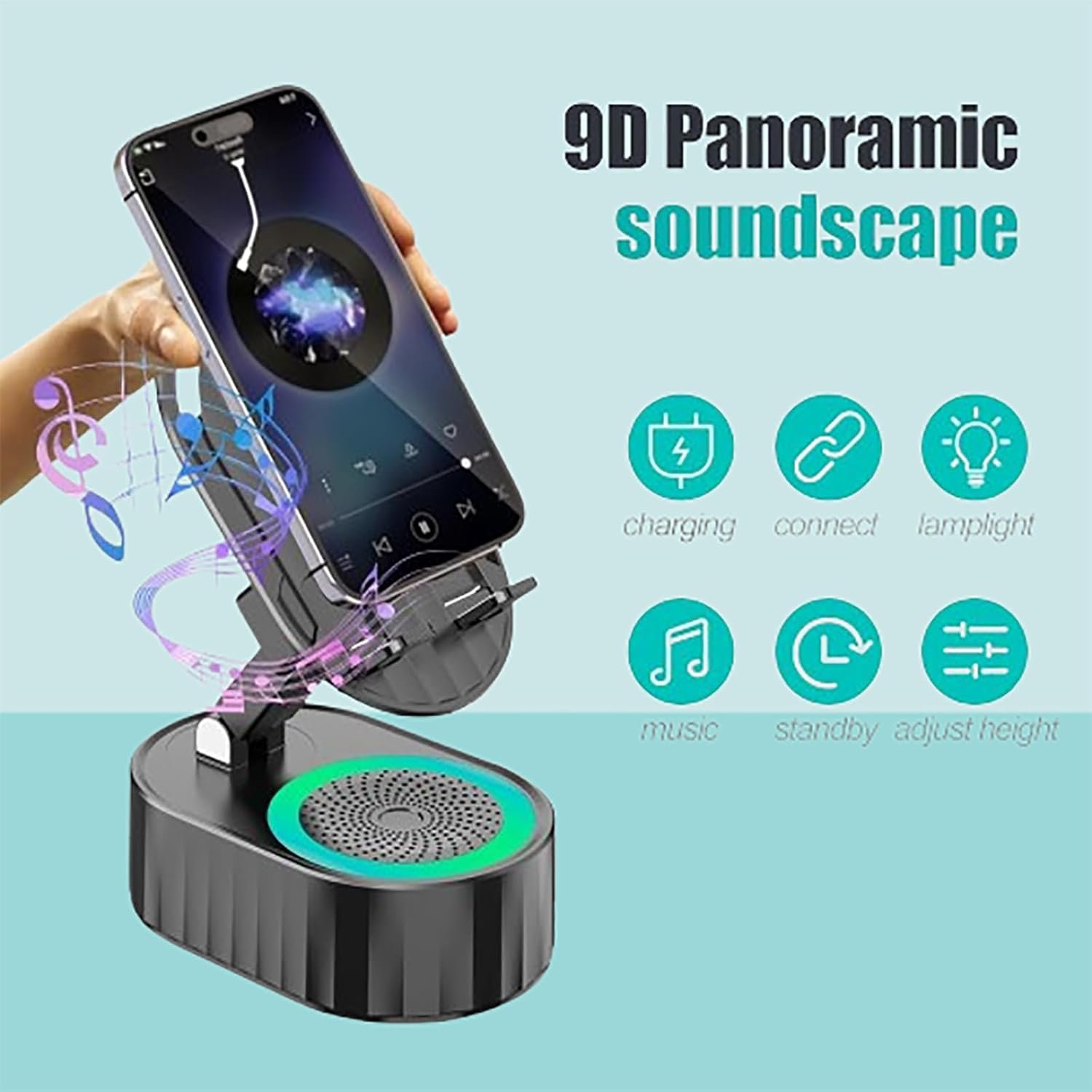 Wireless Induction Audio Bluetooth Speaker, 5-in-1 Bluetooth Audio Power Bank Bracket Induction Bracket Speaker 360°Rotating Folding Lifting Charging Treasure Holder, Gifts for Men Women (Black) - Image 6