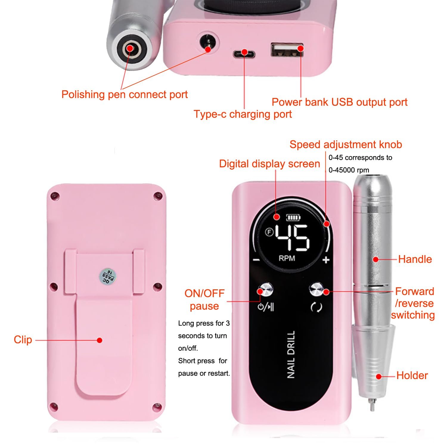 Electric 45000RPM Nail Drill Machine Rechargeable Portable Nail File Electric DIY Nail Drill Kit with Smart LCD Screen for Gel Nail Manicure and Pedicure Reflective Body etc(Dazzle) - Image 7