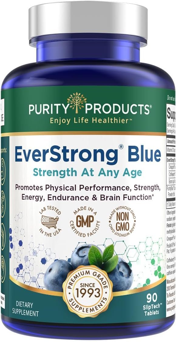Purity Products EverStrong Blue Strength Building + Brain Boosting w/Muscle Matrix Blend ft. Creatine Monohydrate + More, PurityBlue Organic Blueberry Complex, 1000 IU Vitamin D3-90 Tablets - Image 2
