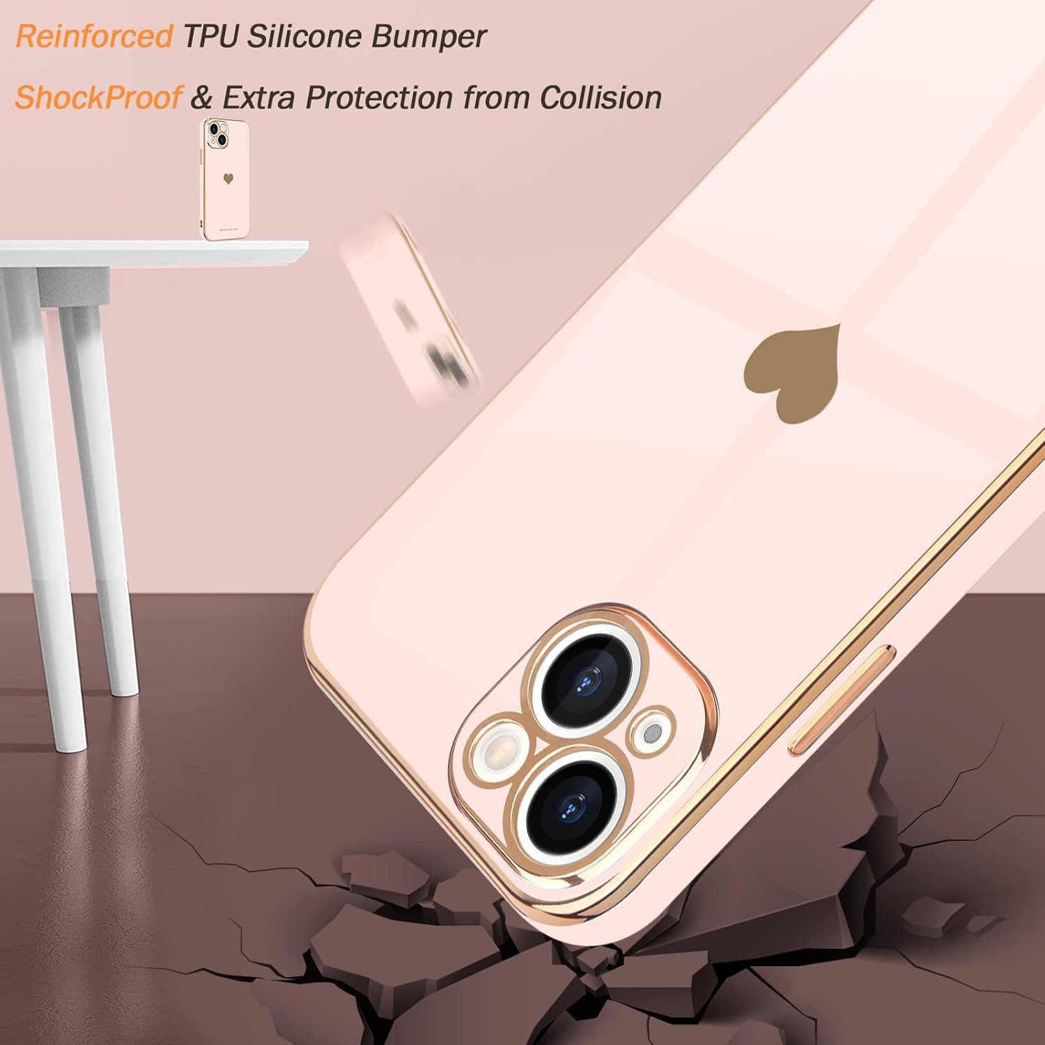 Teageo Compatible with iPhone 13 Case for Women Girl Cute Love-Heart Luxury Bling Plating Soft Back Cover Raised Full Camera Protection Bumper Silicone Shockproof Phone Case for iPhone 13, Light Pink - Image 5