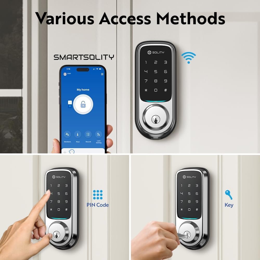 Solity No-Hub Smart Digital Door Lock, Designed in Korea, Keyless Entry, Wi-Fi, Remote Control, Touchscreen Keypad, Auto Lock, IP54 Waterproof GT10K Keypad (Satin Nickel) - Image 3