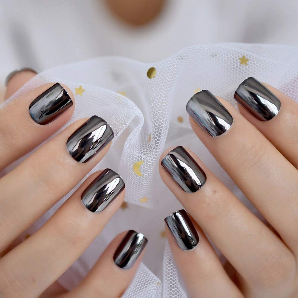Coolnail Dark Smoky Gray Reflective Mirror Metal Plating False French Acrylic Nail Tips Punk Metallic Square Fake Nails With Glue Sticker - Image 5