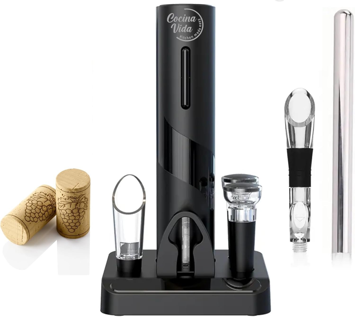 Cocina Vida 8 Piece Electric Wine Bottle Opener Set Includes Foil Cutter, 2 Aerators, Bonus Chill Stick & 2 Vacuum Stoppers and Storage Base - Perfect Wine Lovers Gift- Wine Accessories - Image 2