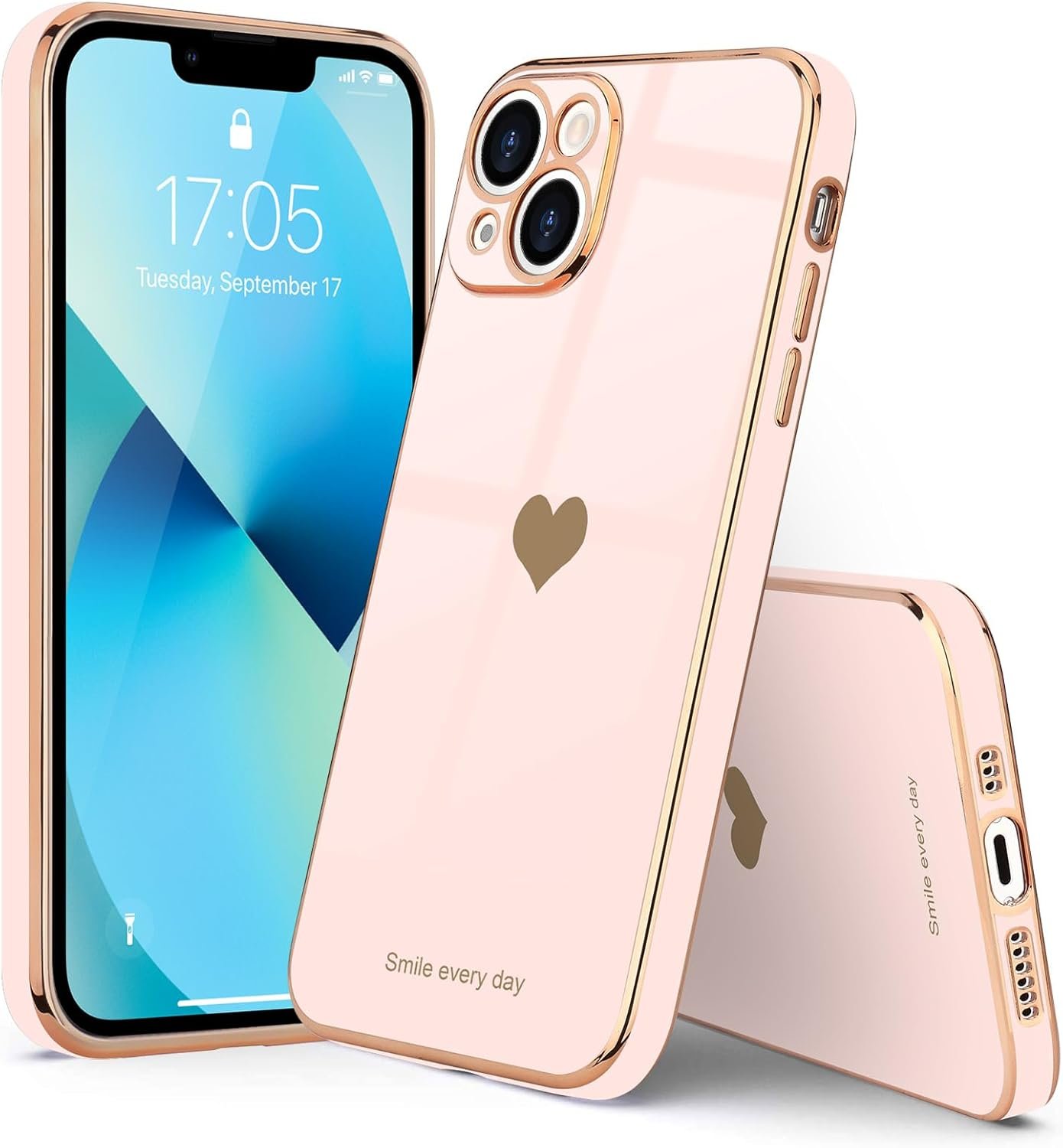 Teageo Compatible with iPhone 13 Case for Women Girl Cute Love-Heart Luxury Bling Plating Soft Back Cover Raised Full Camera Protection Bumper Silicone Shockproof Phone Case for iPhone 13, Light Pink - Image 7