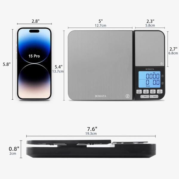 BOMATA 0.01g & 5kg/11lb Dual Platform Kitchen Scale with Two Precision 0.1 g & 0.01 g/0.001 oz, Grams and Ounces, Digital Scales with Stainless Steel, B611 Grey - Image 6