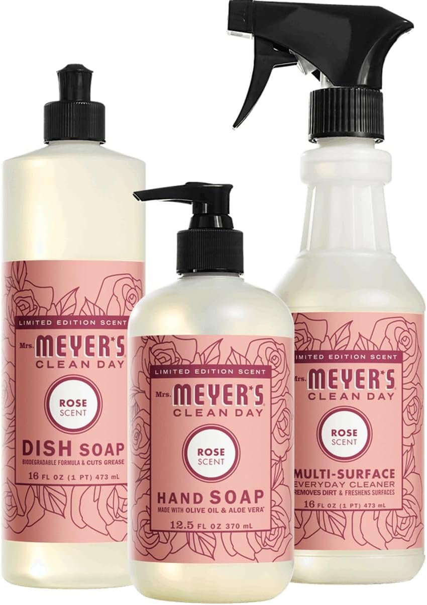 Mrs. Meyer’s Rose Scent Kitchen Basics Set, 3 ct: Dish Soap, Hand Soap, Multi-Surface Everyday Cleaner - Image 2