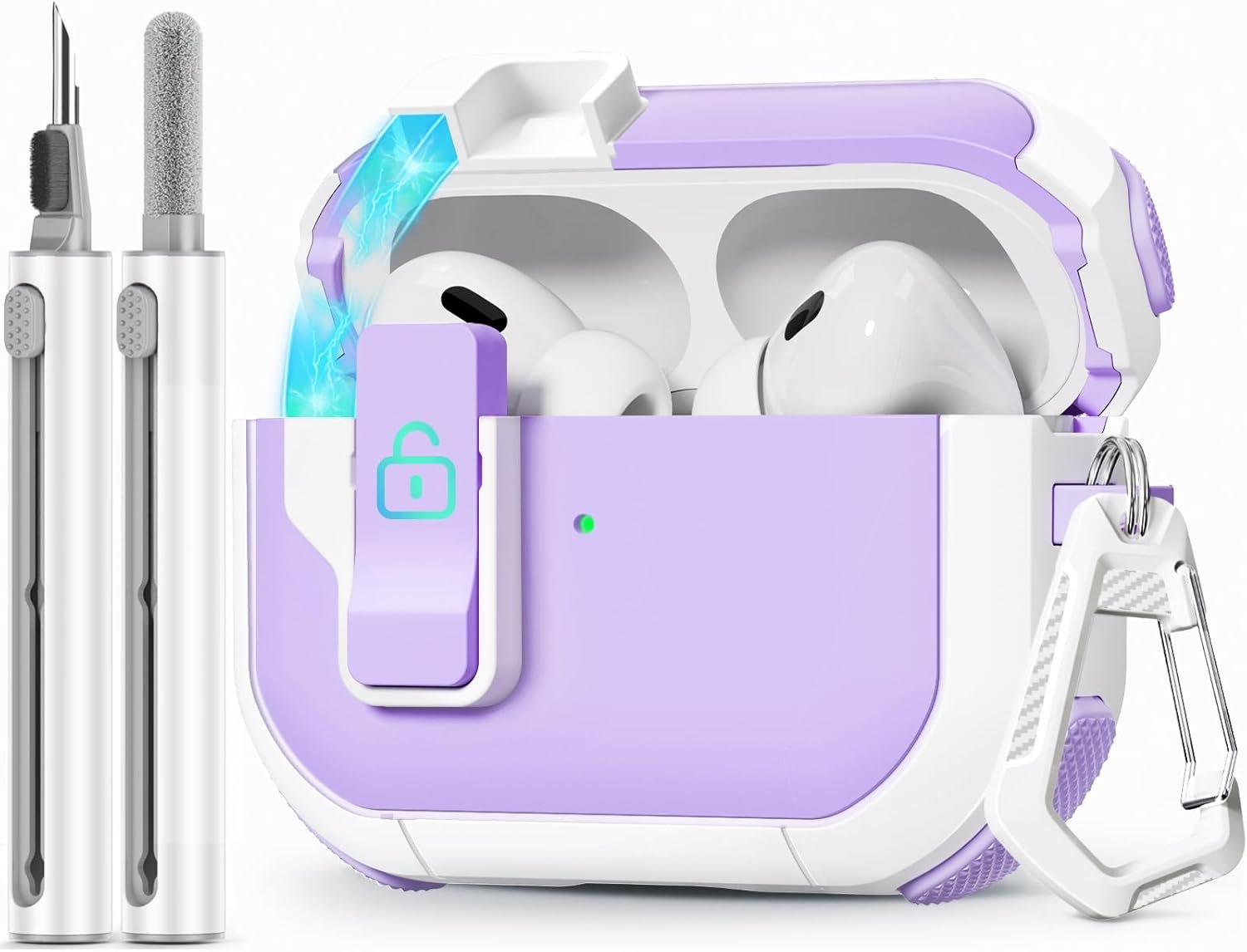 【with Safety Lock】 for AirPod Pro 2nd Generation Case with Cleaner Kit, Hard AirPod Pro Case with Keychain for Men Women Grily, for Apple AirPods Pro 2nd/1st Gen Case (2023 USB-C/2022/2019)-Purple - Image 2