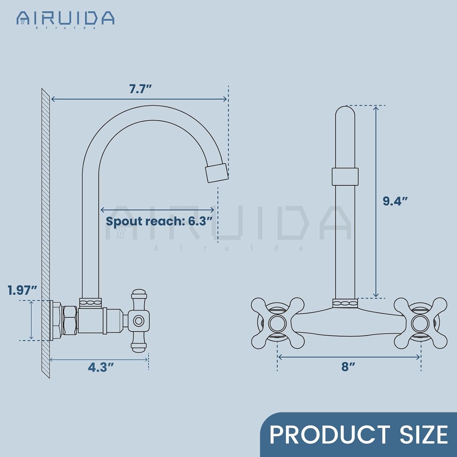 Airuida Chrome Polish Wall Mounted Kitchen Sink Faucet Wall Mounted Commercial Kitchen Faucet Wall Mount 8 Inches Center Faucet, 360 Degree Swivel Spout Mixer Laundry Restaurat Tap with Female Thread - Image 7