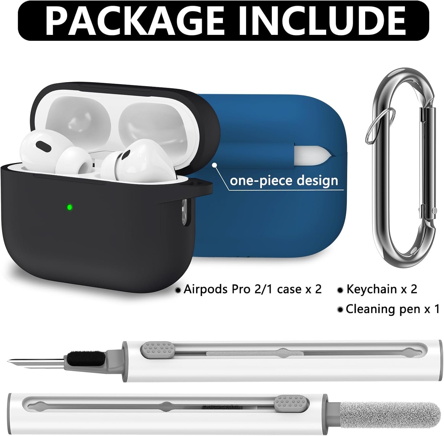 2 Pack AirPod Pro Case Cover with Cleaner Kit,Soft Silicone Protective Case for Apple AirPod Pro 2nd/1st Generation Case for Women Men,AirPods Pro Case Accessories with Keychain (Black+Lake Blue) - Image 3