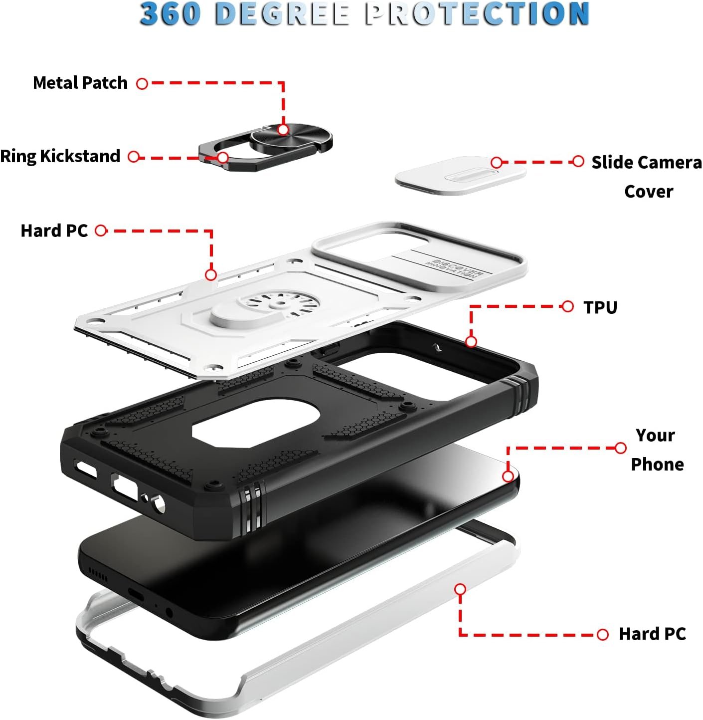 PASNEW for Samsung Galaxy A14 5G Case,Kickstand & Slide Camera Cover,Multi-Layer Heavy Duty Full Body Shockproof Protection Hard Shell for Galaxy A14 4G Case,6.6 inch,White - Image 4