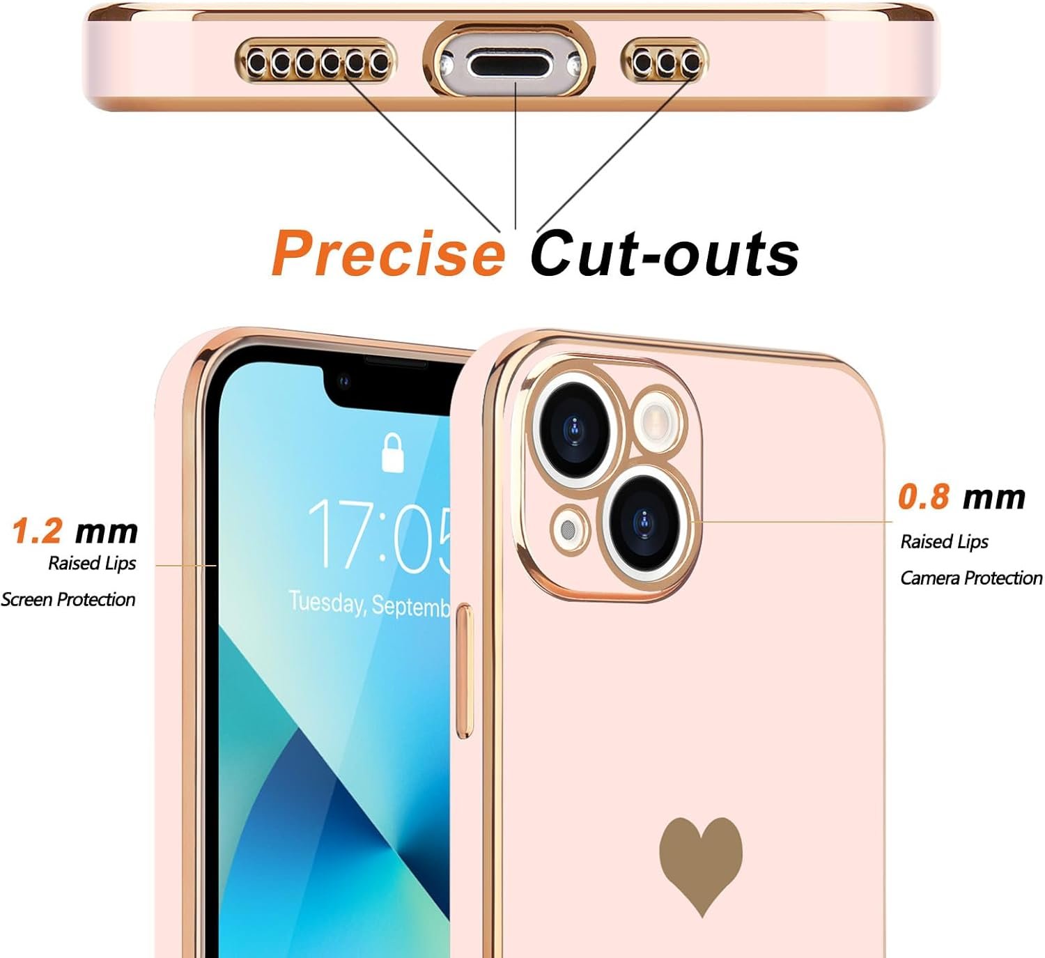 Teageo Compatible with iPhone 13 Case for Women Girl Cute Love-Heart Luxury Bling Plating Soft Back Cover Raised Full Camera Protection Bumper Silicone Shockproof Phone Case for iPhone 13, Light Pink - Image 3