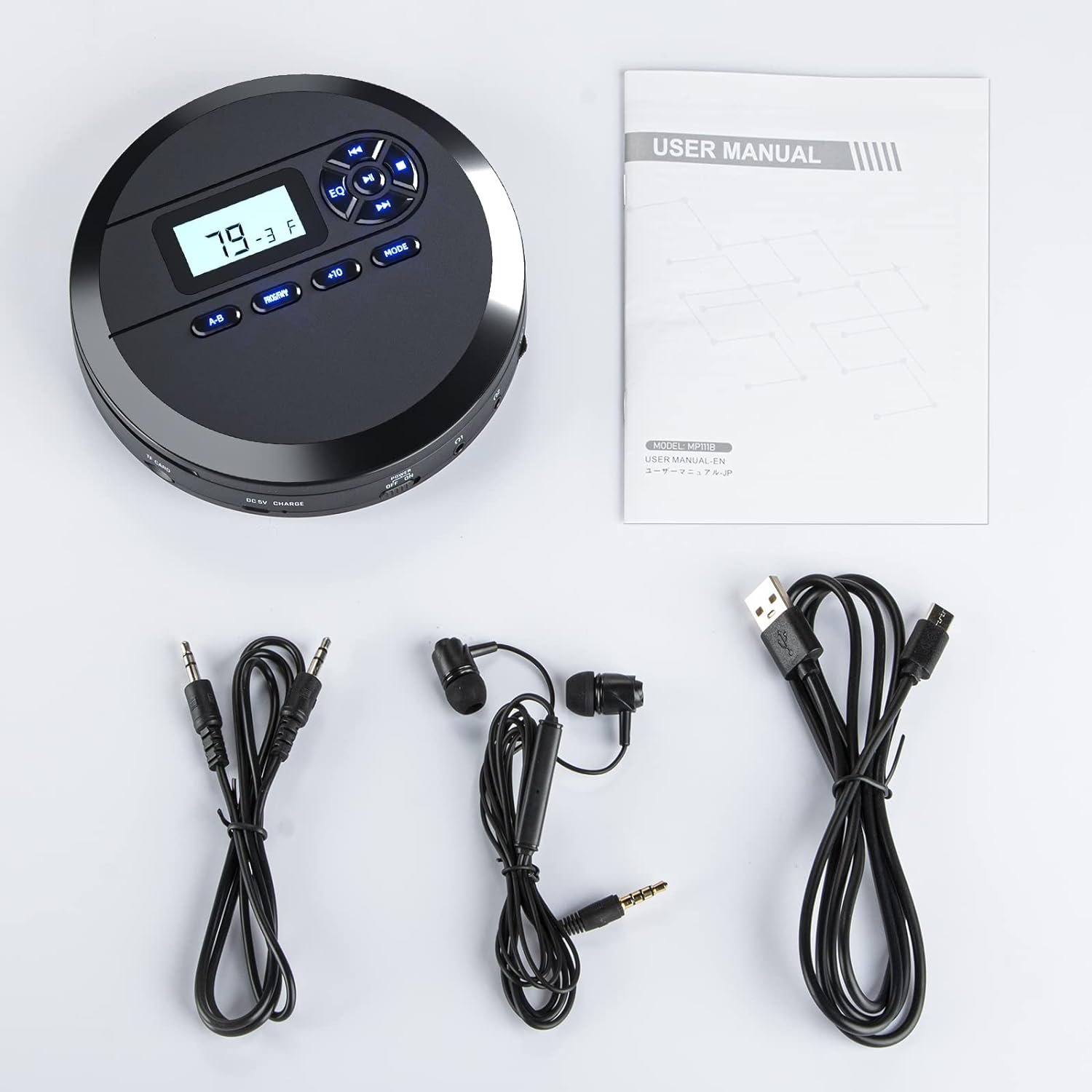 CD Player Portable, DESOBRY Portable CD Player with Speakers & FM Transmitter, Compact CD Player for Car Built-in 2000mAh Rechargeable Battery, Walkman CD Player with LCD Screen, Earphones, AUX Cord - Image 9