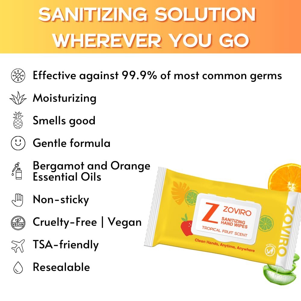 Zoviro Hand Sanitizing Wipes, Bergamot and Orange Essential Oils, Hand Wipes Travel Size, Moisturizing Hand Sanitizer Wipes, Value Pack, Tropical Fruit Scent, 80 Count (Pack of 3) - Image 3