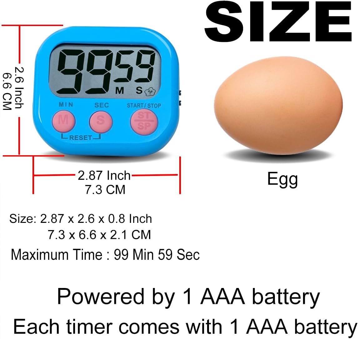 Digital Kitchen Timer, BESTWYA Electronic Timer with Clear LCD Screen Count Up and Down Function 3 Big Buttons On/Off Switch Button (6, 6 Colors (Dual Mode)) - Image 3