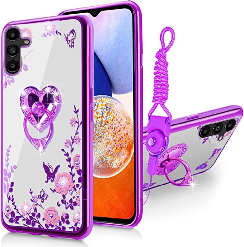 B-wishy for Samsung Galaxy A14 5G/A14 4G Glitter Crystal Butterfly Heart Floral Slim TPU Luxury Bling Cute Protective Cover with Kickstand+Strap for Samsung Galaxy A14 4G/5G (Purple) - Image 2