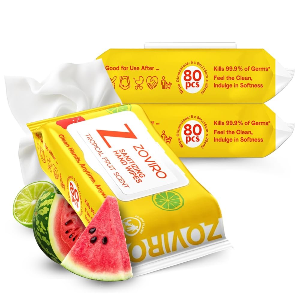 Zoviro Hand Sanitizing Wipes, Bergamot and Orange Essential Oils, Hand Wipes Travel Size, Moisturizing Hand Sanitizer Wipes, Value Pack, Tropical Fruit Scent, 80 Count (Pack of 3) - Image 2