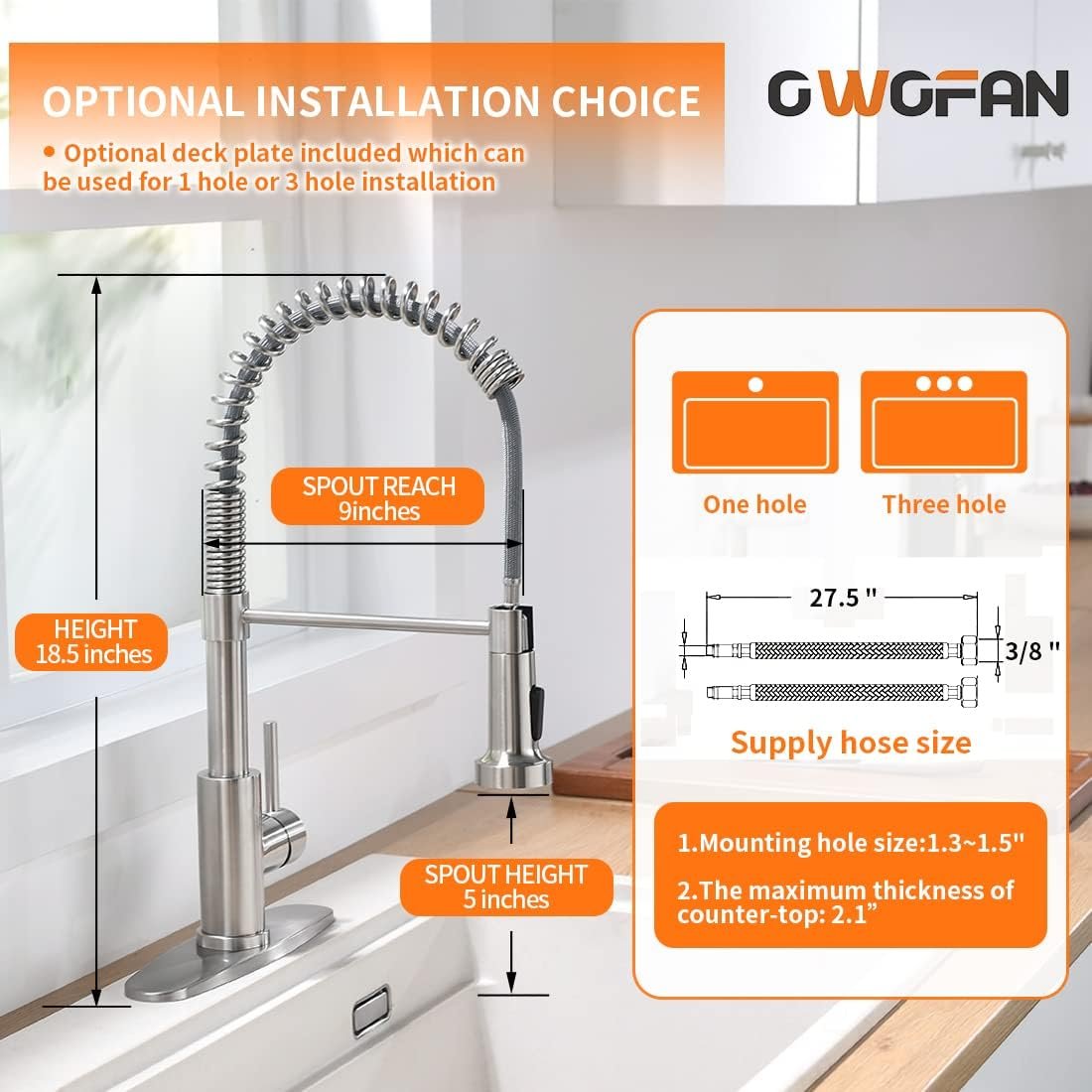 OWOFAN Kitchen Faucet with Pull Down Sprayer Brushed Nickel Stainless Steel Single Handle Pull Out Spring Sink Faucets 1 Hole Or 3 Hole Dual Function for Farmhouse Camper Laundry Utility Rv Wet Bar - Image 5