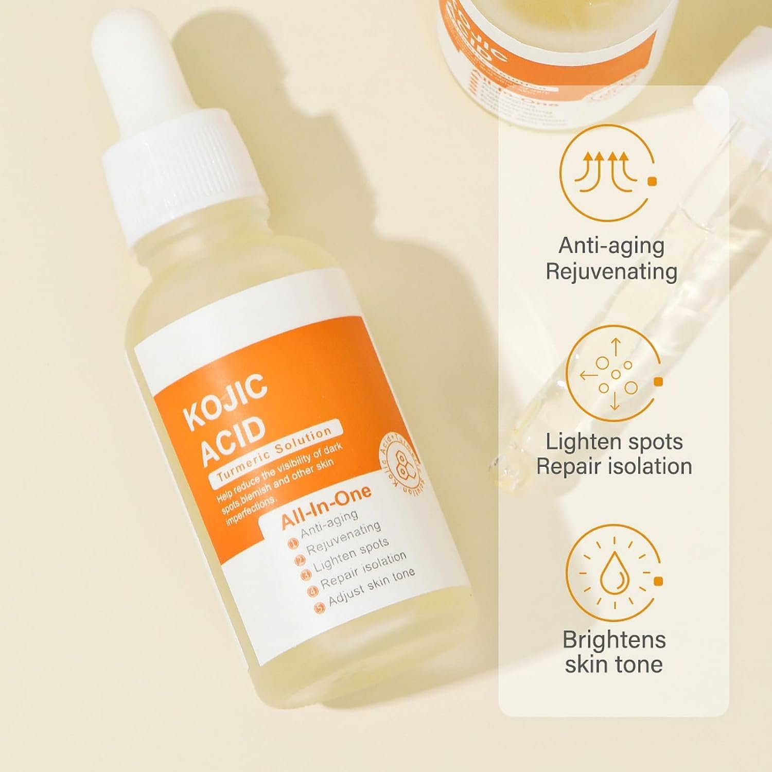Kojic Acid Turmeric Serum, Hydrating Brightening Serum Dark Spots, Anti Wrinkle Fine Lines Dark Spot Corrector Nourishing Firming Daily Skin Care Serum, Hydrate Dull & Dry Skin 1.05 OZ - Image 4