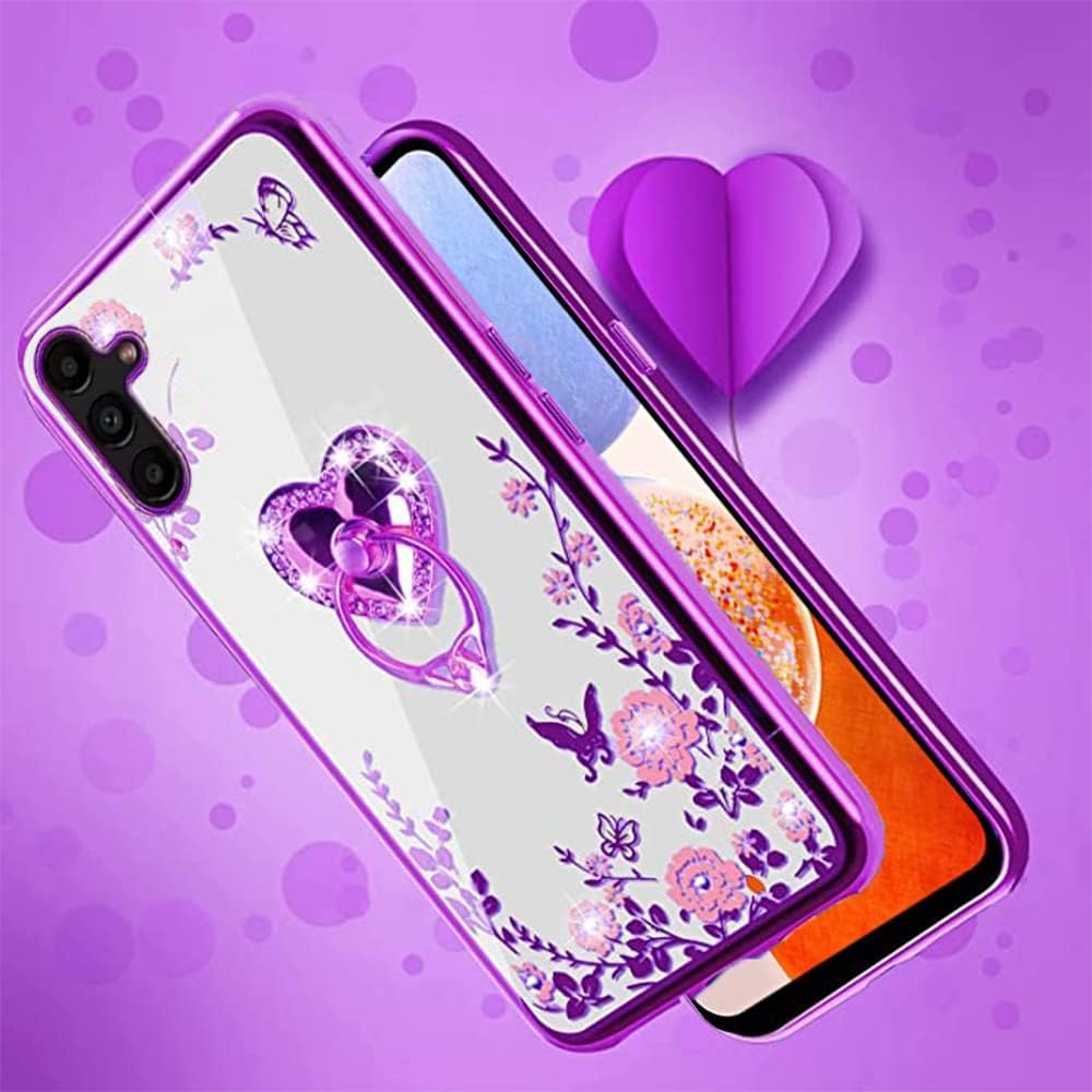 B-wishy for Samsung Galaxy A14 5G/A14 4G Glitter Crystal Butterfly Heart Floral Slim TPU Luxury Bling Cute Protective Cover with Kickstand+Strap for Samsung Galaxy A14 4G/5G (Purple) - Image 7