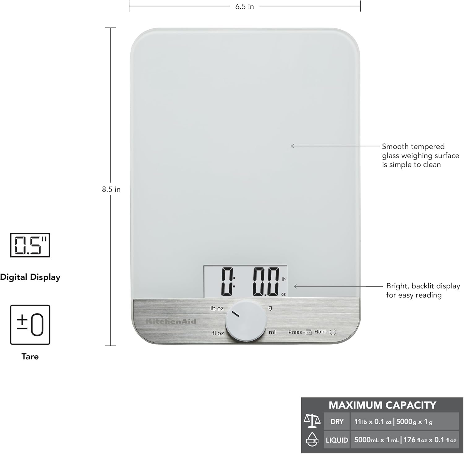 KitchenAid KQ908 Glass Surface 11 Pound Capacity Digital Kitchen and Food Scale, White - Image 3