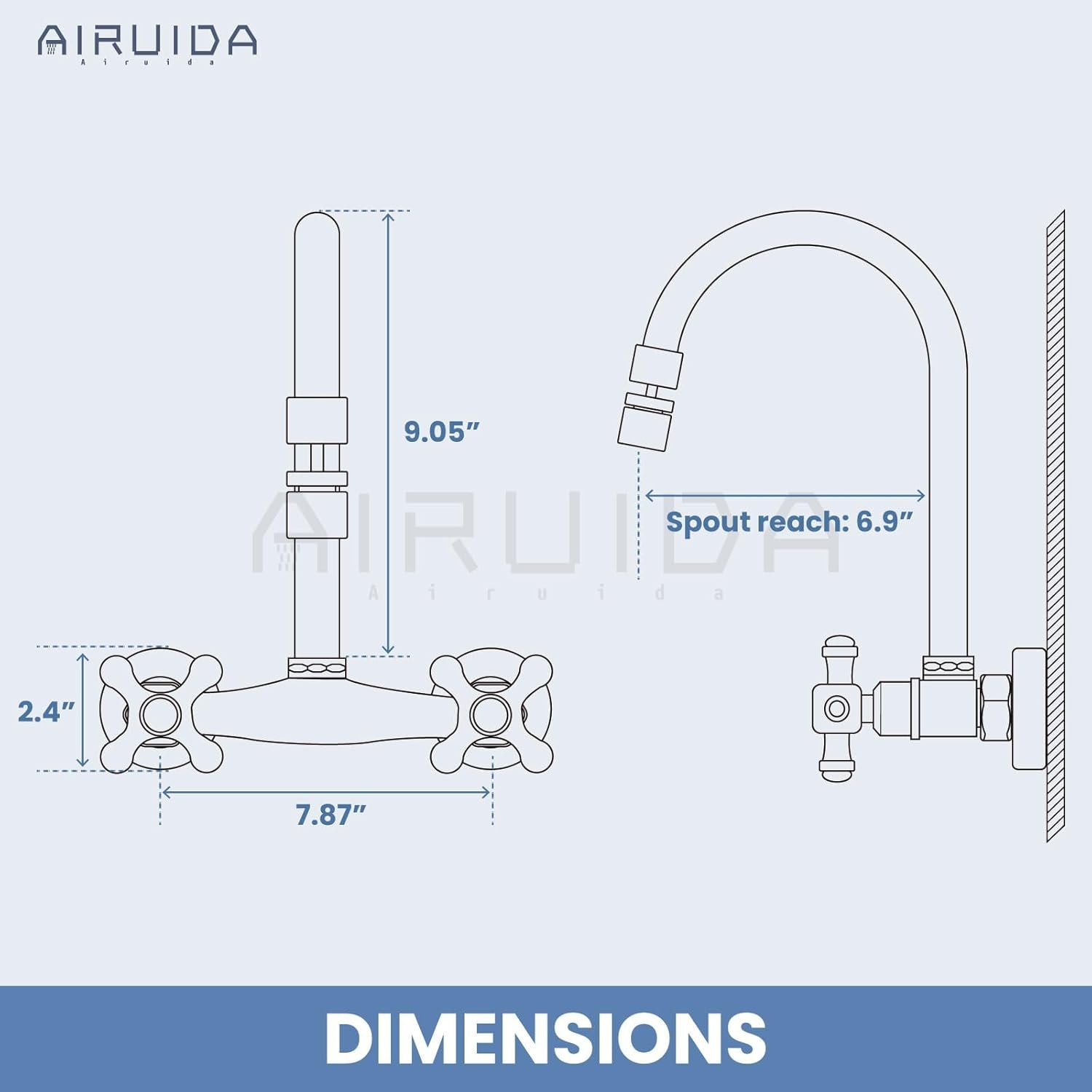 Airuida Wall Mount Kitchen Faucet with Sprayer Wall Mounted Kitchen Sink Faucet Double Cross Handles 360 Degree Swivel Spout Restaurant Mixer Tap Commercial 8 Inch Center Chrome Polish - Image 7