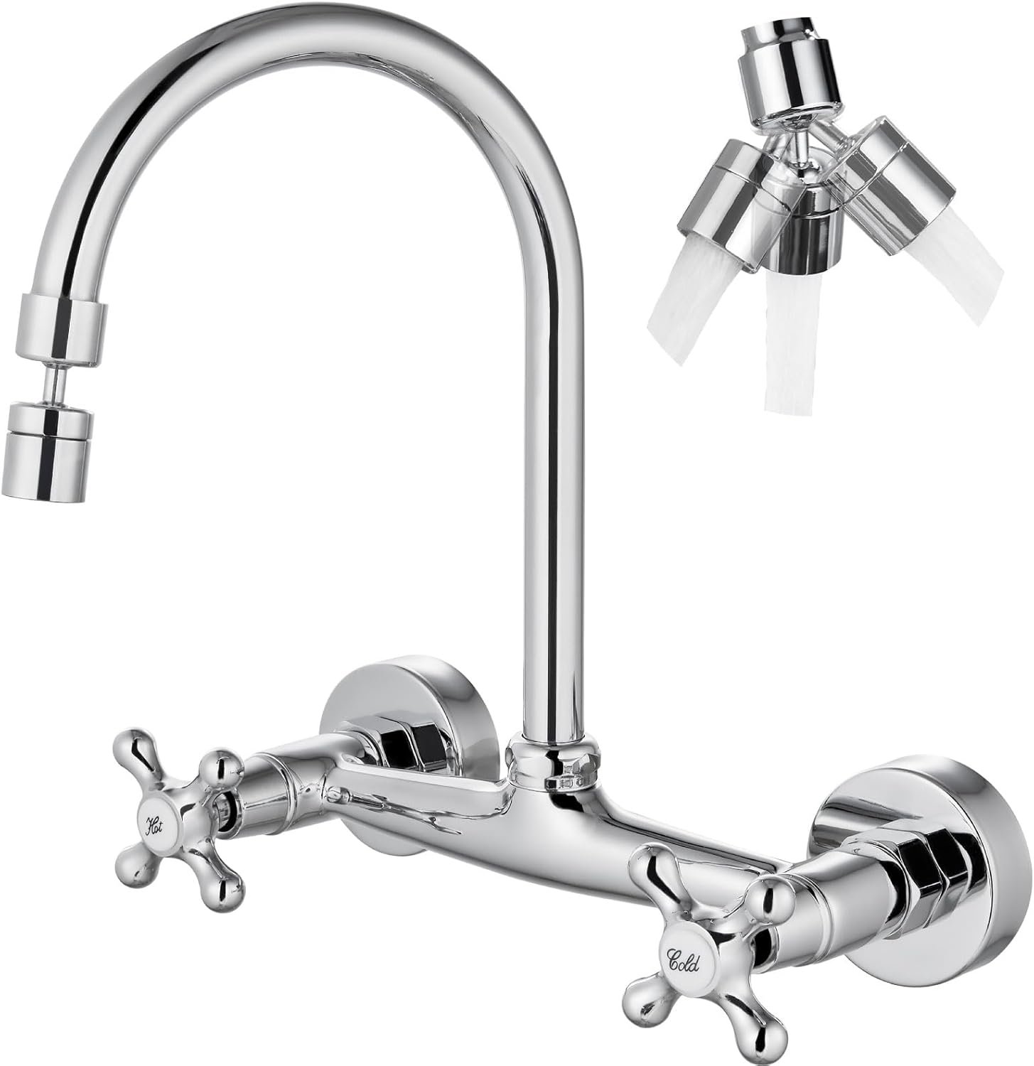 Airuida Wall Mount Kitchen Faucet with Sprayer Wall Mounted Kitchen Sink Faucet Double Cross Handles 360 Degree Swivel Spout Restaurant Mixer Tap Commercial 8 Inch Center Chrome Polish - Image 2