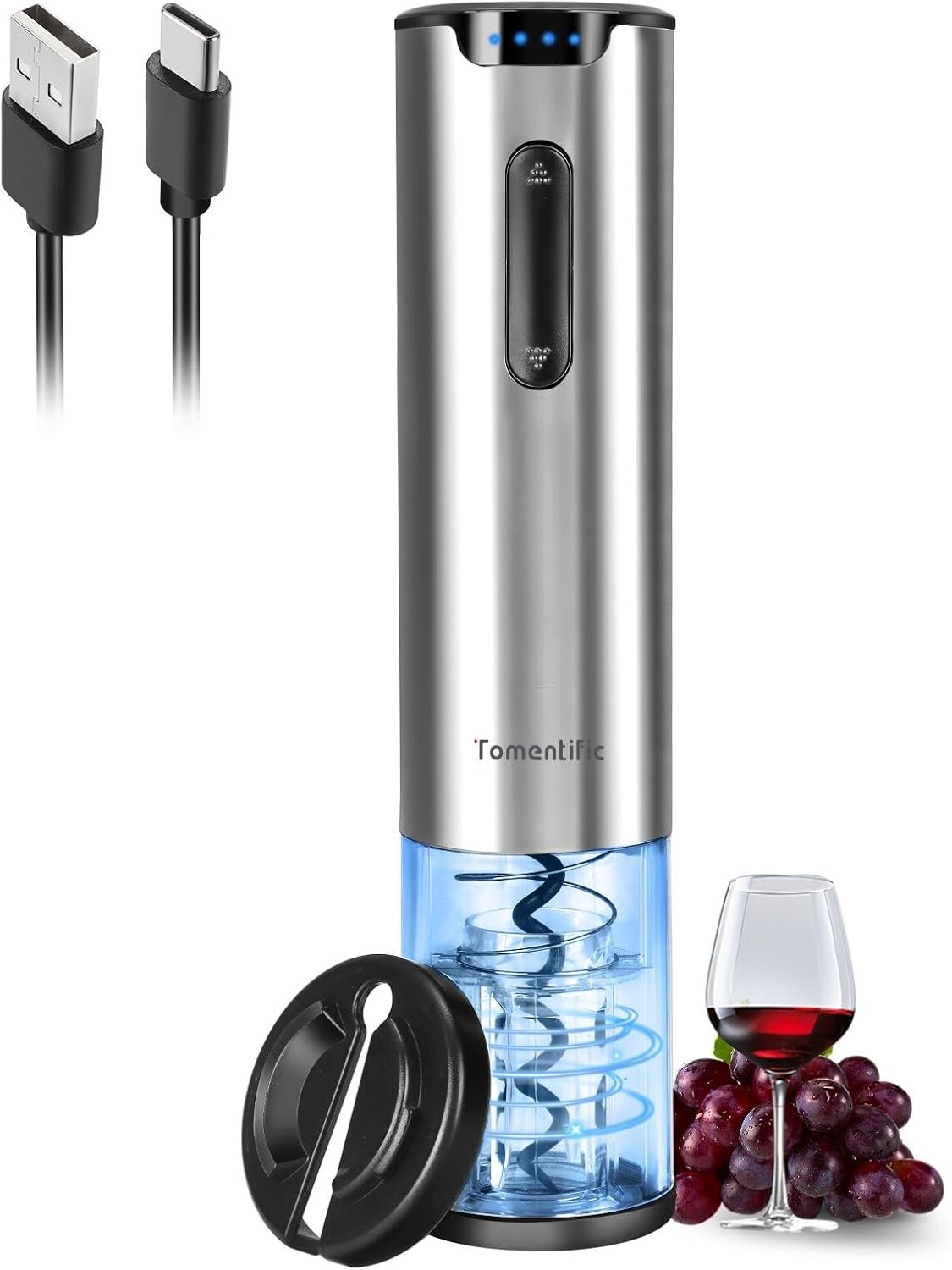 Electric Wine Opener Tomentific, Rechargeable Automatic Wine Corkscrew Bottle Opener With Foil Cutter, Type-C Charging Wine Openers With LED Light For Home Party Wedding Gifts (Stainless Steel) - Image 2