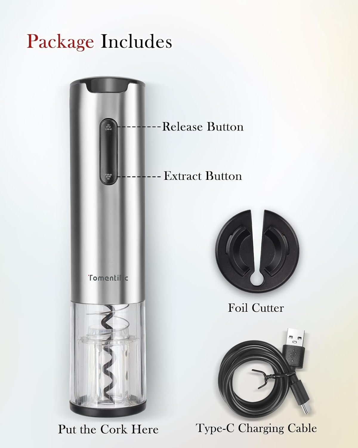 Electric Wine Opener Tomentific, Rechargeable Automatic Wine Corkscrew Bottle Opener With Foil Cutter, Type-C Charging Wine Openers With LED Light For Home Party Wedding Gifts (Stainless Steel) - Image 9