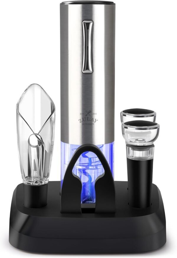 Zulay Kitchen Electric Wine Opener 5-Piece Gift Set - Charging Base, Foil Cutter, Aerator, Vacuum Stoppers - Automatic Wine Bottle Opener For Smooth & Fast Uncorking - Image 2