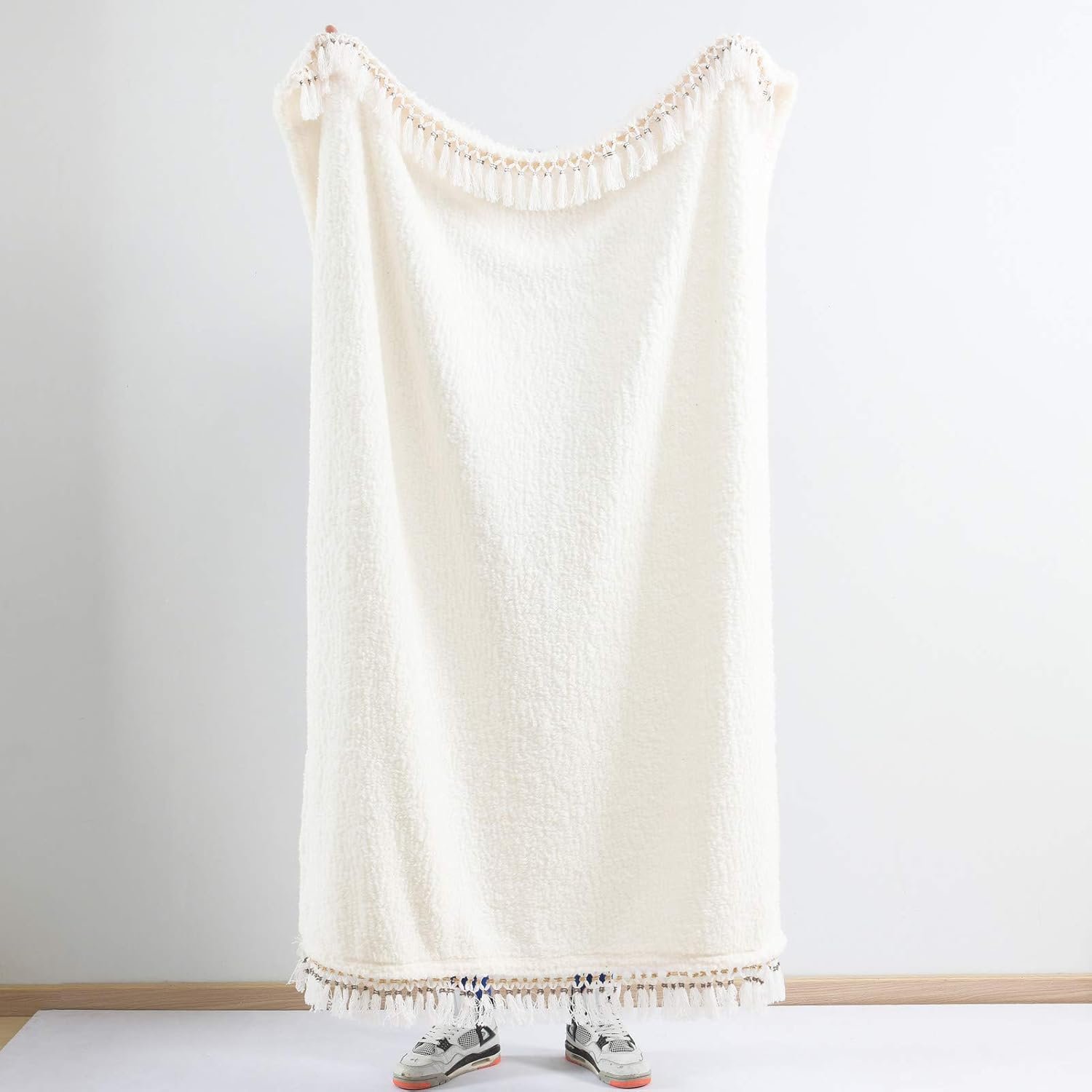 Ultra Soft Cozy Sherpa Throw Blanket, Light Weight Warm Decorative Throw Blanket with Tassel, Solid Antique White Pattern Reversible Boho Style Blanket for Sofa, Couch, Bedroom,Travel, 50”x60” - Image 5