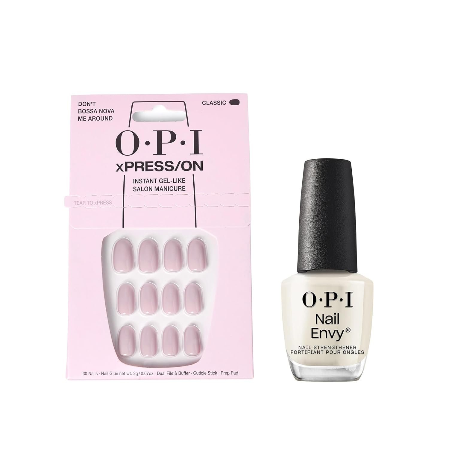 Bundle of OPI xPress/On Press On Nails, With Nail Glue, Short Neutral Nails, Don't Bossa Nova Me Around + OPI Nail Envy, Nail Strengthening Treatment, Vegan Formula, 0.5 fl oz - Image 2