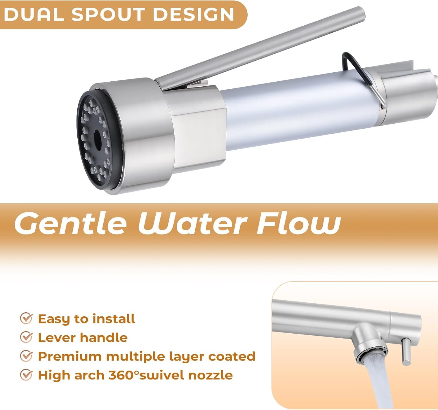 AKL Commercial Dual Spout Kitchen Faucet, Single Handle Spring Kitchen Faucets with Pull Down Sprayer, Stainless Steel Kitchen Sink Faucet with Deck Plate, Brushed Nickel - Image 4