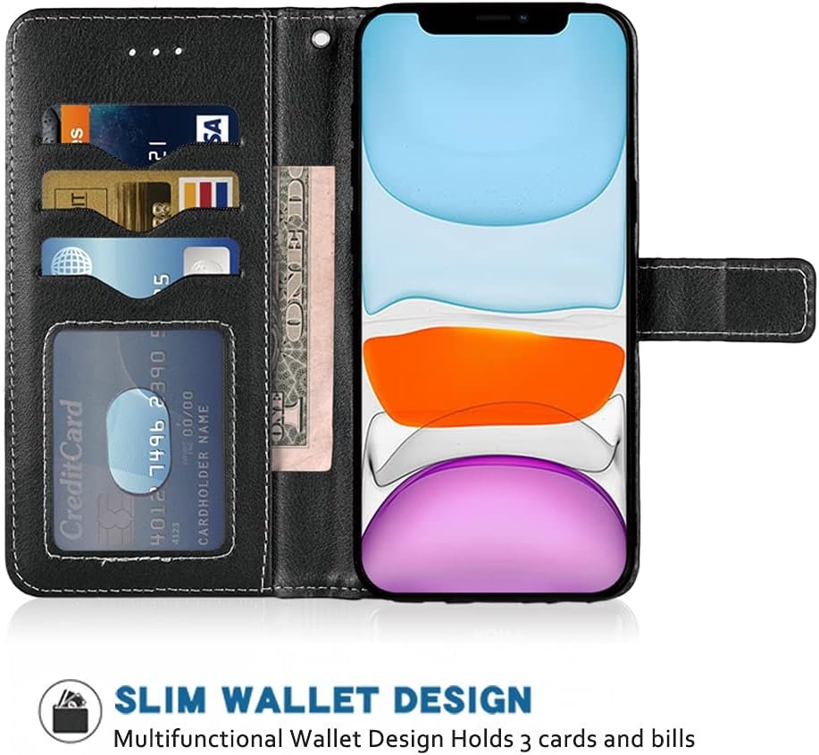 Compatible with iPhone 11 6.1 Wallet Case and Wrist Strap Lanyard Leather Flip Cover Card Holder Stand Cell Accessories Phone Cases for iphone11case iPhone11 i Phone11 XI 11R Women Men Black - Image 4