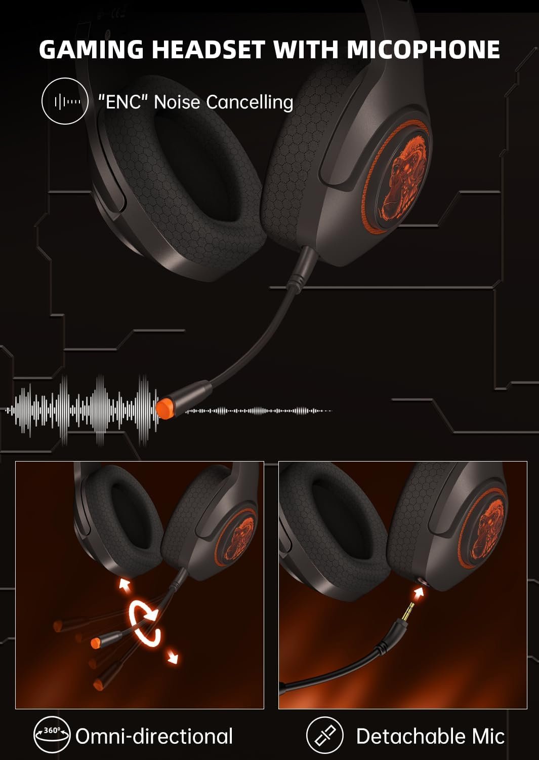 Gaming Headset Wireless, 2.4GHz Gaming Headphones Wireless with Noise Canceling Microphone for PS5, PS4, Fortnite & FPS Gamers, 40-Hr Battery Gamer Headphones for PC, Orange Chimpanzees - Image 7