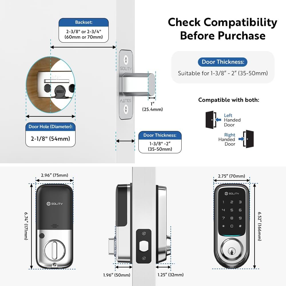 Solity No-Hub Smart Digital Door Lock, Designed in Korea, Keyless Entry, Wi-Fi, Remote Control, Touchscreen Keypad, Auto Lock, IP54 Waterproof GT10K Keypad (Satin Nickel) - Image 9
