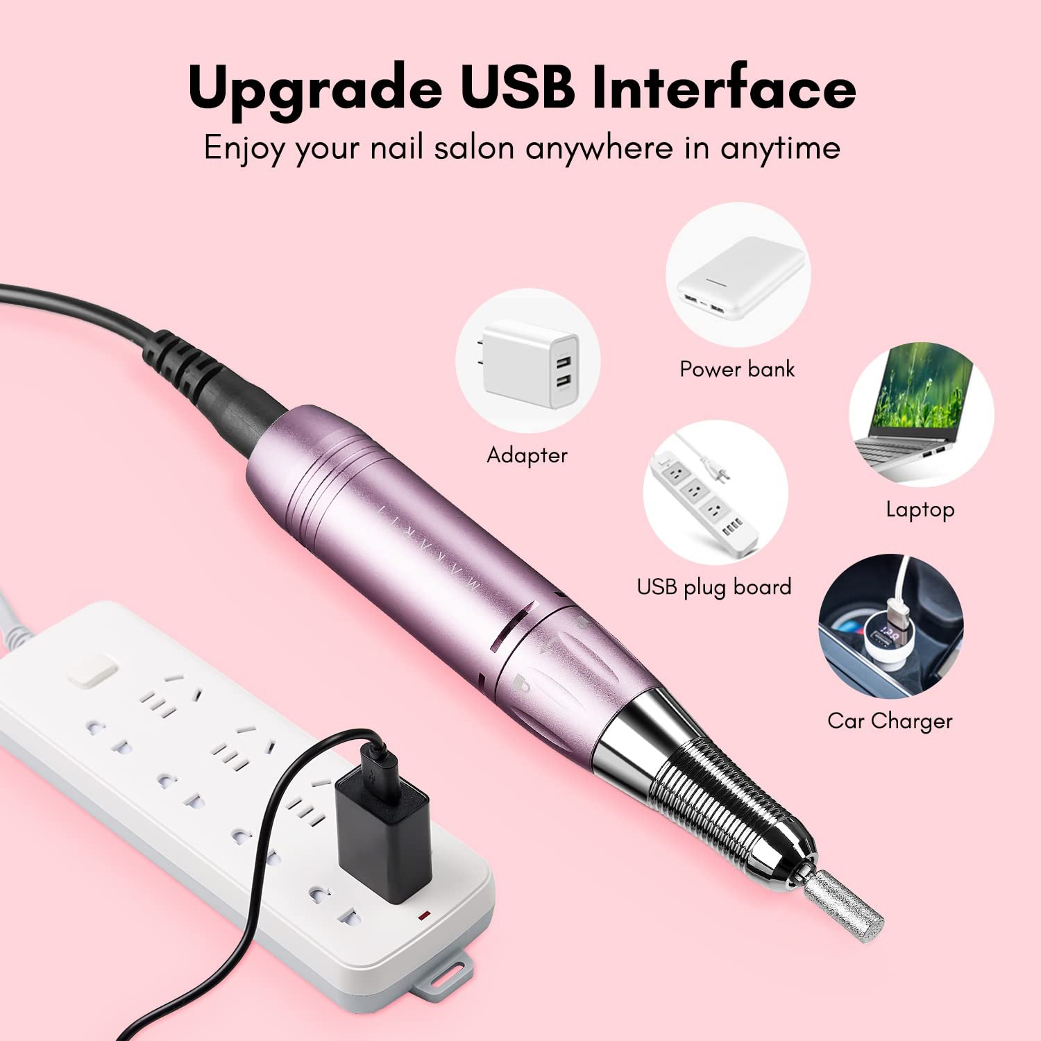 Makartt Stefy Electric Nail Drill Machine, Portable Efile Kit for Acrylic Nails Professional Manicure Set with Nail Drill Bits Sanding Bands for Shaping Polishing Removing, Pink - Image 3