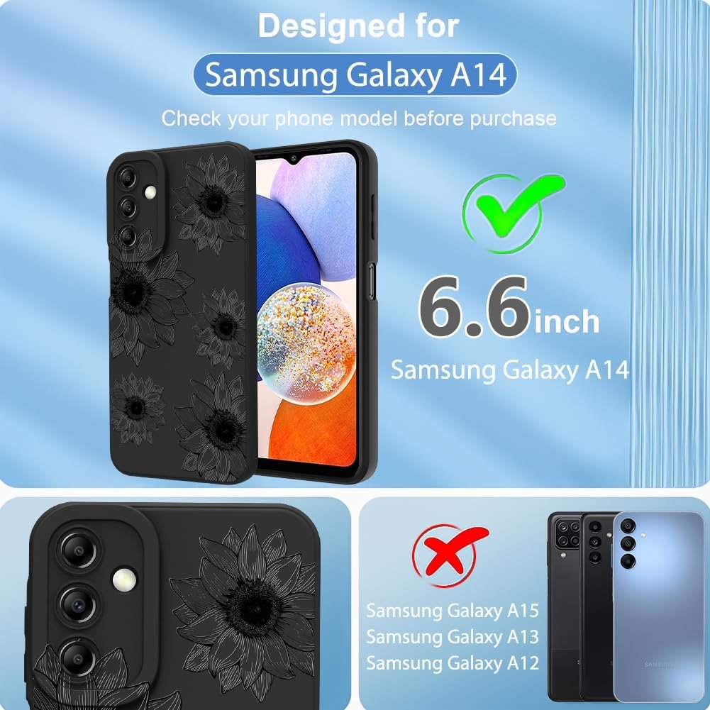 OOK Floral case for Samsung Galaxy A14 Case, Cute Sunflower Floral Blooms Design Soft TPU Shockproof Protective for Women Girls Phone Cover - Black Flower - Image 3