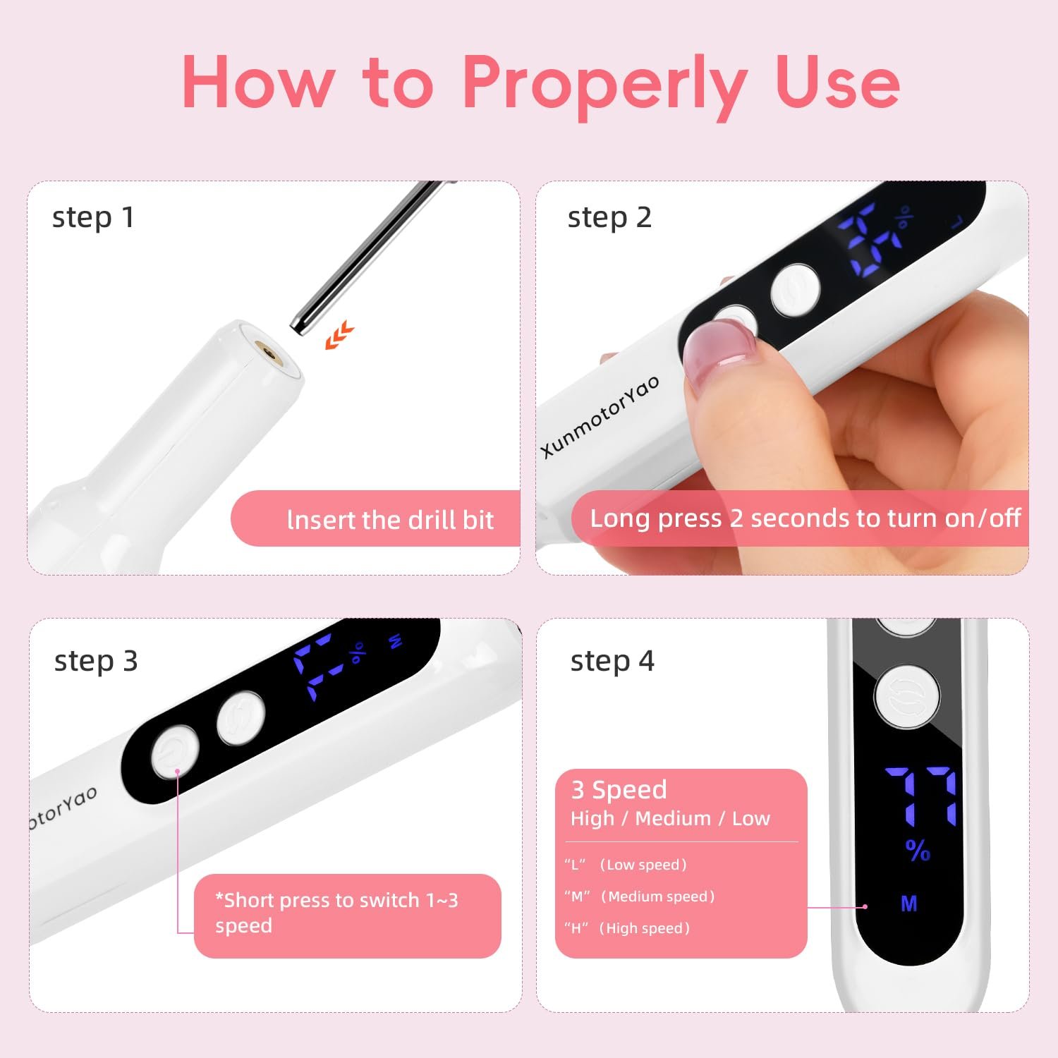 Rechargeable Cordless Electric Nail Drill, 12 in 1 Professinal Nail File Set for Feet, 3 Speeds Efile Manicure and Pedicure Kit with Nail Drill Bits for Polishing Grinding Trimming Toenail (White) - Image 4